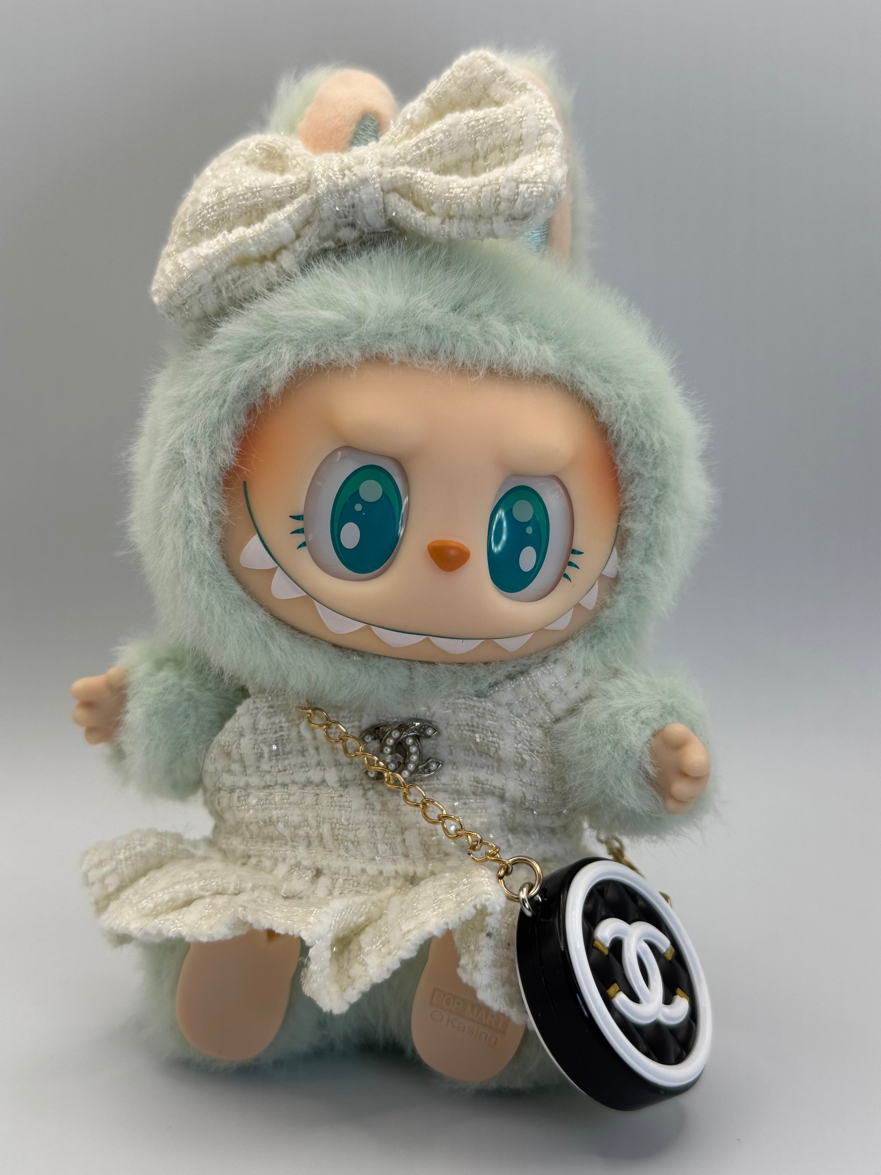 White "CC" dress with matching bow, fits version 2 Labubu (Doll not included)