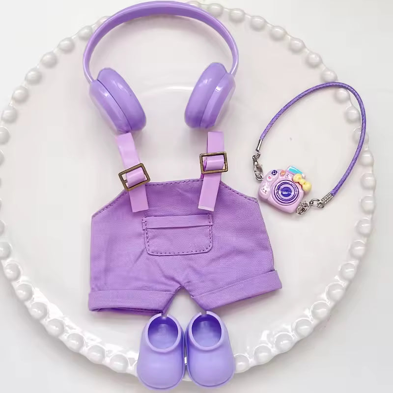 Overalls with shoes and matching accessories, fits 17cm Labubu (Doll not included)